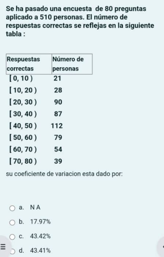 Se ha pasado una encuesta de 80 preguntas
aplicado a 510 personas. El número de
respuestas correctas se reflejas en la siguiente
tabla :
su coeficiente de variacion esta dado por:
a. N A
b. 17.97%
c. 43.42%
= d. 43.41%