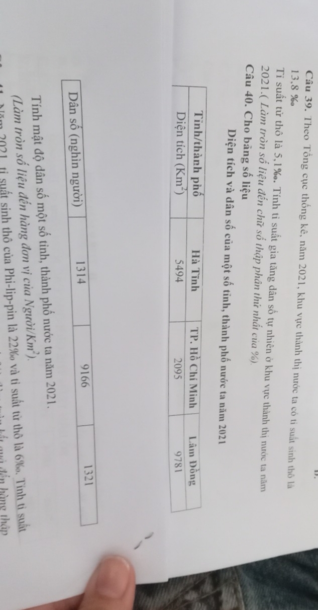 Theo Tổng cục thống kê, năm 2021, khu vực thành thị nước ta có tỉ suất sinh thô là
13,8 ‰
Tỉ suất từ thô là 5,1‰. Tính tỉ suất gia tăng dân số tự nhiên ở khu vực thành thị nước ta năm
2021.( Làm tròn số liệu đến chữ số thập phân thứ nhất của %).
Câu 40. Cho bảng số liệu
Diện tích và dân số của một số tinh, thành phố nước ta năm 2021
Tính mật độ dân số một số tinh, thành phố nước ta năm 2021.
(Làm tròn số liệu đến hàng đơn vị của Người/ Km^2).
im 2021, tỉ suất sinh thô của Phi-lip-pin là 22‰ và tỉ suất từ thô là 6‰. Tính ti suất
c   gu à  đến hàng thập