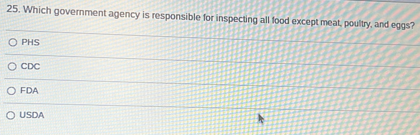 Which government agency is responsible for inspecting all food except meat, poultry, and eggs?
PHS
CDC
FDA
USDA