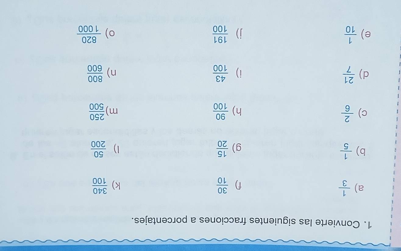 Convierte las siguientes fracciones a porcentajes. 
a)  1/3   30/10   340/100 
f) 
k) 
b)  1/5   15/20   50/200 
g) 
1) 
c)  2/6   90/100   250/500 
h) 
m) 
d)  21/7   43/100  n)  800/600 
i) 
e)  1/10  j)  191/100  o)  820/1000 