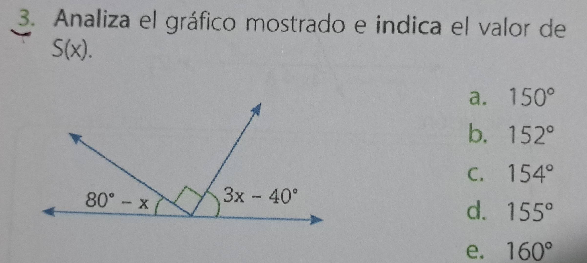 Analiza el gráfico mostrado e indica el valor de
S(x).
a. 150°
b. 152°
C. 154°
d. 155°
e. 160°