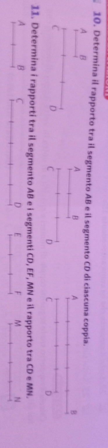 Determina il rapporto tra il segmento AB e il segmento CD di ciascuna coppia. 
11。 Determina i rapporti tra il segmento AB e i segmenti CD, EF, MN e il rapporto tra CD e MN. 
A 
B 
E 
F