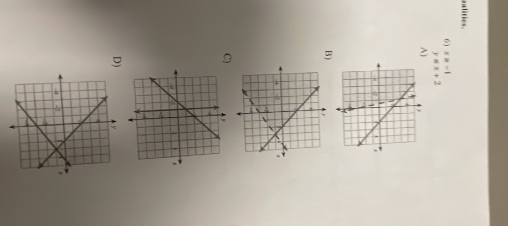 ualities. 
6) x≥ -1
y≤ x+2
A) 
B) 
C) 
D)