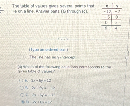 The table of values gives several points that 
lie on a line. Answer parts (a) through (c). 
(Type an ordered pair.)
The line has no y-intercept.
(b) Which of the following equations corresponds to the
given table of values?
A. 2x-6y=12
B. 2x-6y=-12
C. 2x+6y=-12
D. 2x+6y=12