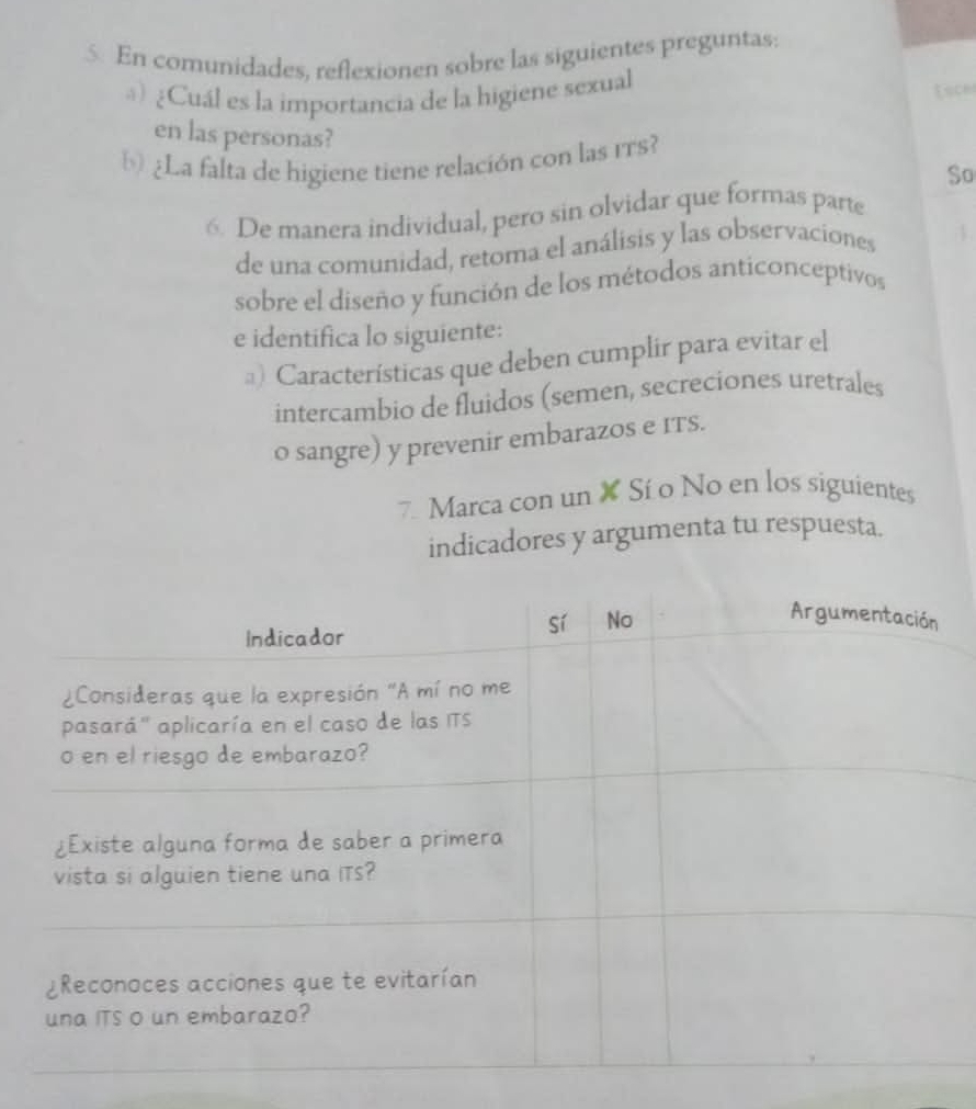 En comunidades, reflexionen sobre las siguientes preguntas: 
*) ¿Cuál es la importancia de la higiene sexual 
en las personas? 
¿La falta de higiene tiene relación con las rTs? 
So 
6. De manera individual, pero sin olvidar que formas parte 
de una comunidad, retoma el análisis y las observaciones 
sobre el diseño y función de los métodos anticonceptivos 
e identifica lo siguiente: 
) Características que deben cumplir para evitar el 
intercambio de fluidos (semen, secreciones uretrales 
0 sangre) y prevenir embarazos e ITS. 
7. Marca con un X Sí o No en los siguientes 
indicadores y argumenta tu respuesta.