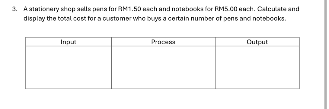 A stationery shop sells pens for RM1.50 each and notebooks for RM5.00 each. Calculate and 
display the total cost for a customer who buys a certain number of pens and notebooks.