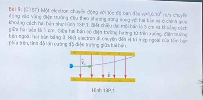 (CTST) Một electron chuyến động với tốc độ ban đầu v_0=1,6.10^6m/s chuyến
động vào vùng điện trường đều theo phương song song với hai bản và ở chính giữa
khoảng cách hai bản như Hình 13P.1. Biết chiều dài mỗi bản là 3 cm và khoảng cách
giữa hai bản là 1 cm. Giữa hai bản có điện trường hướng từ trên xuống, điện trường
bên ngoài hai bản bằng 0. Biết electron di chuyến đến vị trí mép ngoài của tấm bản
phía trên, tính độ lớn cường độ điện trường giữa hai bản.
Hình 13P.1