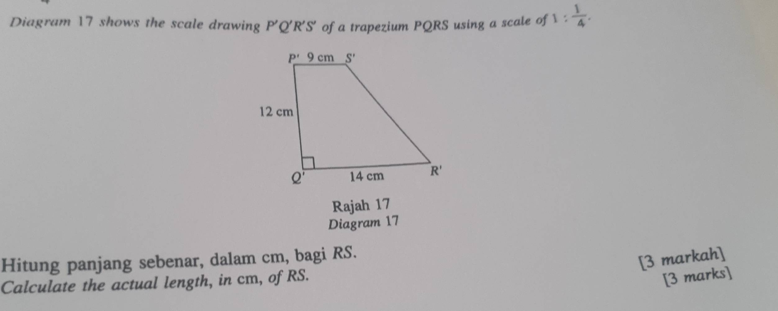 Diagram 17 shows the scale drawing P'Q'R'S' of a trapezium PQRS using a scale of 1: 1/4 .
Rajah 17
Diagram 17
Hitung panjang sebenar, dalam cm, bagi RS.
[3 markah]
Calculate the actual length, in cm, of RS.
[3 marks]