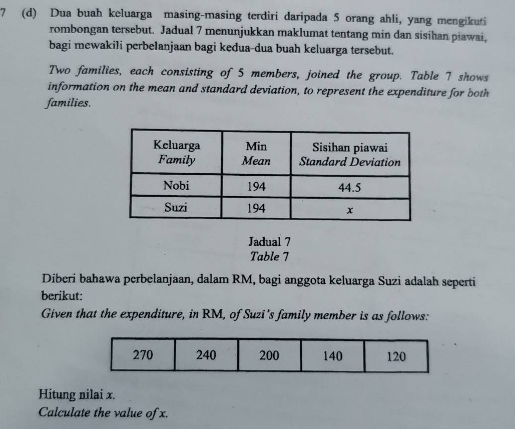 7 (d) Dua buah keluarga masing-masing terdiri daripada 5 orang ahli, yang mengikuti 
rombongan tersebut. Jadual 7 menunjukkan maklumat tentang min dan sisihan piawai, 
bagi mewakili perbelanjaan bagi kedua-dua buah keluarga tersebut. 
Two families, each consisting of 5 members, joined the group. Table 7 shows 
information on the mean and standard deviation, to represent the expenditure for both 
families. 
Jadual 7 
Table 7
Diberi bahawa perbelanjaan, dalam RM, bagi anggota keluarga Suzi adalah seperti 
berikut: 
Given that the expenditure, in RM, of Suzi's family member is as follows: 
Hitung nilai x. 
Calculate the value of x.