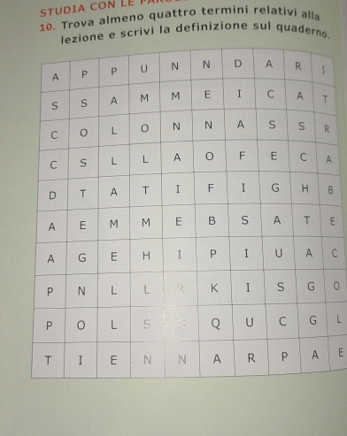 STUDA c O n E 
10. Trova almeno quattro termini relativi alia 
ne e scrivi la definizione sul quadern. 
A 
B 
E 
C 
0 
L 
E