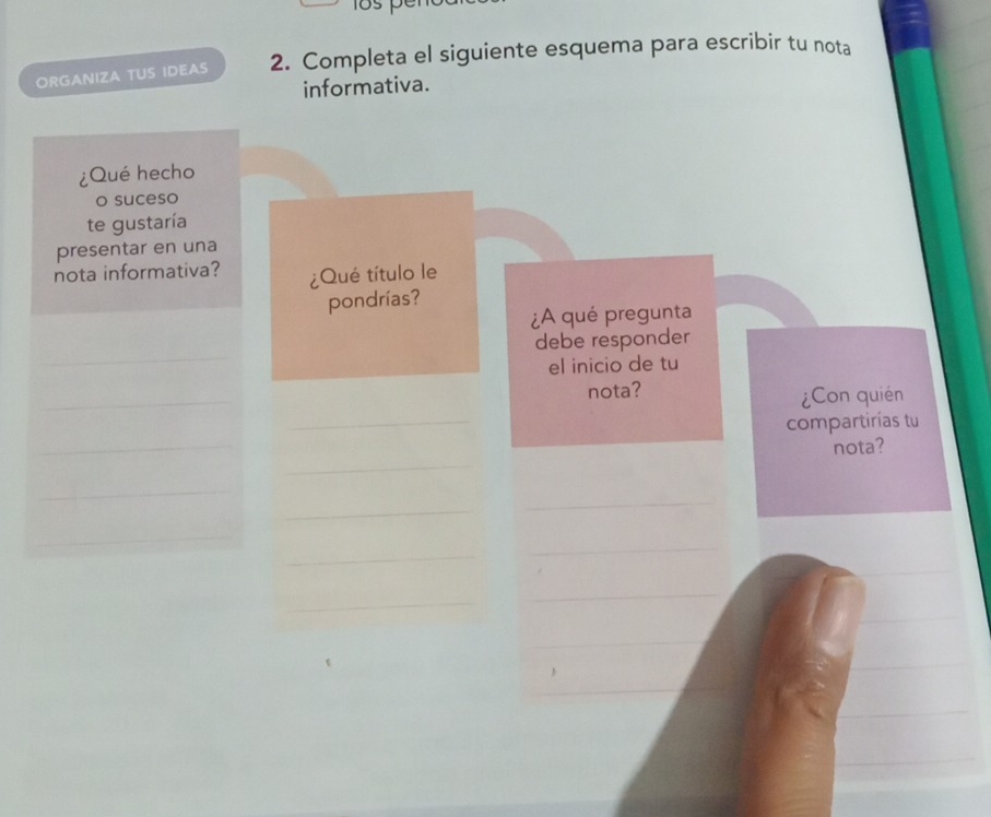 ORGANIZA TUS IDEAS 2. Completa el siguiente esquema para escribir tu nota 
informativa. 
¿Qué hecho 
o suceso 
te gustaría 
presentar en una 
nota informativa? ¿Qué título le 
pondrías? 
¿A qué pregunta 
_ 
debe responder 
el inicio de tu 
_ 
_ 
nota? ¿Con quién 
_ 
compartirías tu 
_ 
nota? 
_ 
_ 
_ 
_ 
_ 
_ 
_ 
_ 
_ 
_