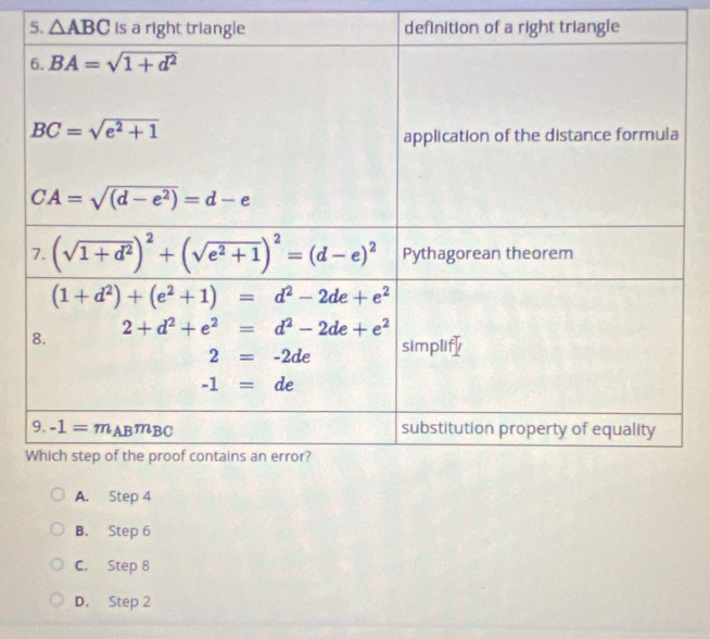 △ ABC
A. Step 4
B. Step 6
C. Step 8
D. Step 2