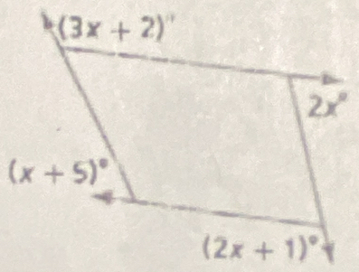 (3x+2)^circ 
2x°
(x+5)^circ 
(2x+1)^circ 