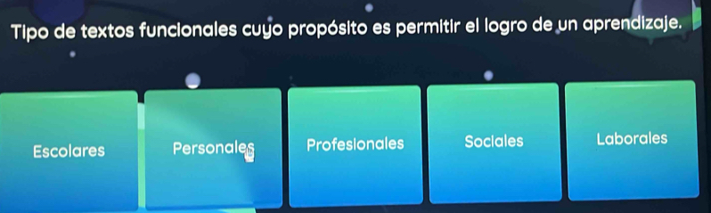 Tipo de textos funcionales cuyo propósito es permitir el logro de un aprendizaje.
Escolares Personales Profesionales Sociales Laborales