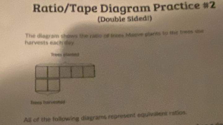 Ratio/Tape Diagram Practice #2 
(Double Sided!) 
The diagram shows the ratio of trees Maeve plants to the trees she 
harvests each day
Trees planted 
Trees harvested 
All of the following diagrams represent equivalent ratios.