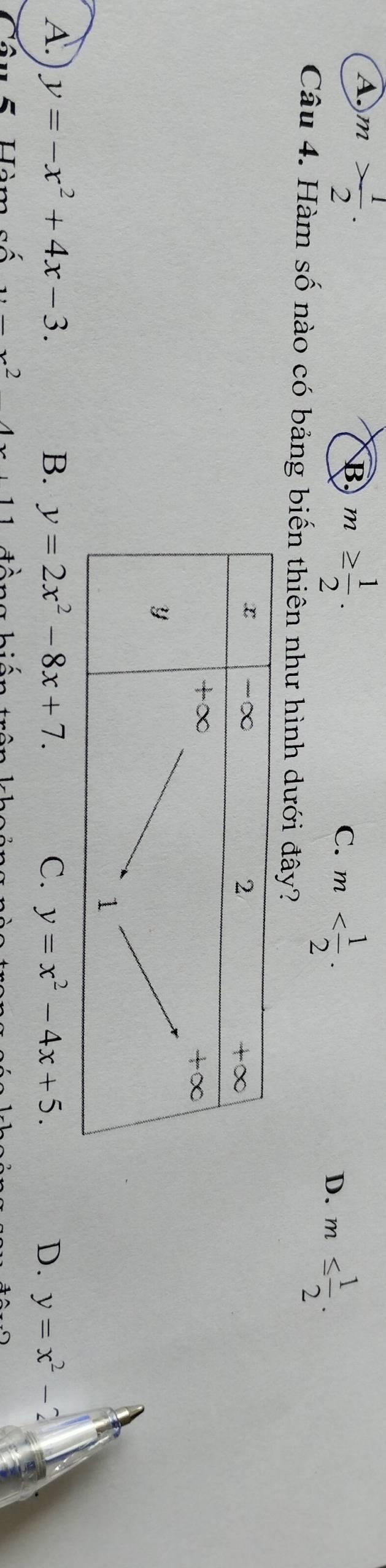 A m> 1/2 .
B m≥  1/2 .
C. m .
D. m≤  1/2 . 
Câu 4. Hàm số nào có bảng biến thiên như hình dưới đây?
A. y=-x^2+4x-3. B. y=2x^2-8x+7. C. y=x^2-4x+5. D. y=x^2-2 24°
,_ x^2