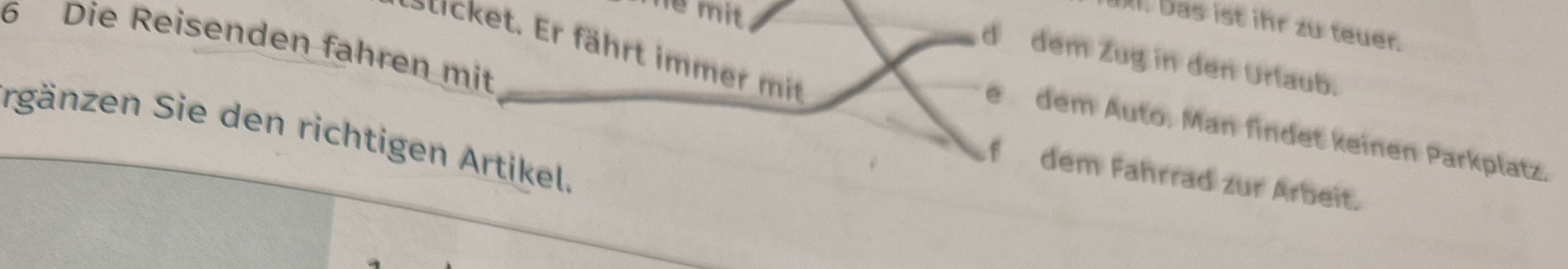 Tề mit 
. Das ist ihr zu teuer. 
6 Die Reisenden fahren mit 
t t. Er fähr i 
d dem Zug in den Urlaub. 
rgänzen Sie den richtigen Artikel. 
dem Auto. Man findet keinen Parkplatz. 
dem Fahrrad zur Arbeit.