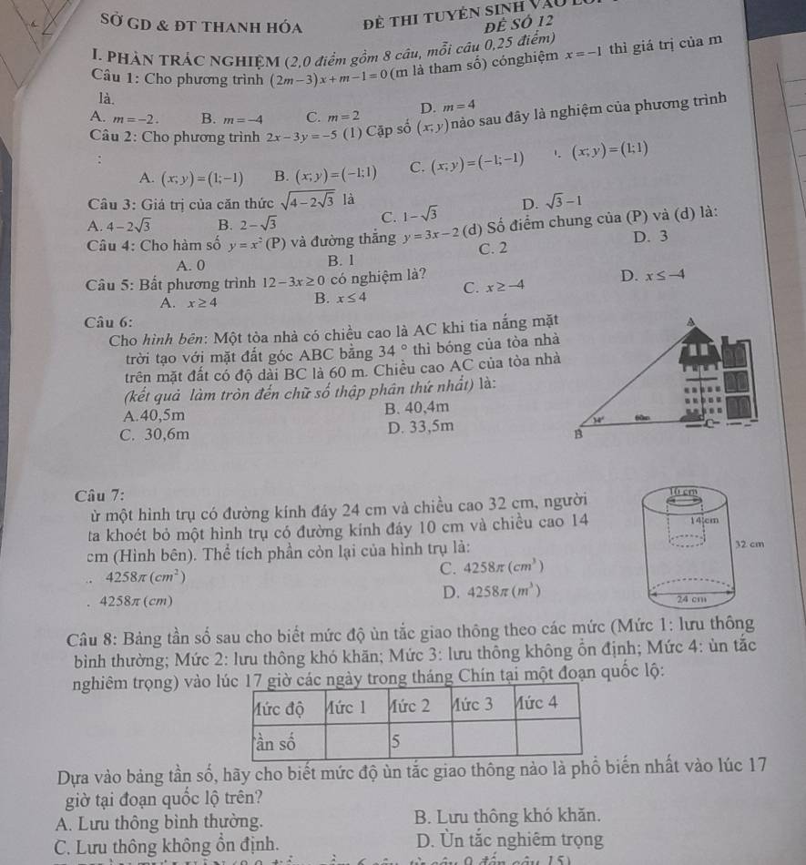 Sở GD & đt thanh hóa  đề thi tuyên sinh vàu I
Đề SÓ 12
I. PHẢN TRÁC NGHIỆM (2,0 điểm gồm 8 câu, mỗi câu 0,25 điểm)
Câu 1: Cho phương trình (2m-3)x+m-1=0 (m là tham số) cónghiệm x=-1 thì giá trị của m
là.
D. m=4
A. m=-2. B. m=-4 C. m=2
Câu 2: Cho phương trình 2x-3y=-5 (1) Cập số (x,y) nào sau đây là nghiệm của phương trình
A. (x;y)=(1;-1) B. (x;y)=(-1;1) C. (x;y)=(-1;-1) 1. (x;y)=(1;1)
Câu 3: Giá trị của căn thức sqrt(4-2sqrt 3)1 1-sqrt(3) D. sqrt(3)-1
A. 4-2sqrt(3) B. 2-sqrt(3)
C.
Câu 4: Cho hàm số y=x^2(P) và đường thắng y=3x-2 (d) Số điểm chung của (P) và (d) là:
D. 3
A. 0 B. 1 C. 2
* Câu 5: Bất phương trình 12-3x≥ 0 có nghiệm là?
A. x≥ 4
B. x≤ 4 C. x≥ -4 D. x≤ -4
Câu 6: A
Cho hình bên: Một tòa nhà có chiều cao là AC khi tia nắng mặt
trời tạo với mặt đất góc ABC bằng 34° thì bóng của tòa nhà
trên mặt đất có độ dài BC là 60 m. Chiều cao AC của tòa nhà
(kết quả làm tròn đến chữ số thập phân thứ nhất) là:
A.40,5m B. 40,4m
C. 30,6m D. 33,5m
34°
B
Câu 7: 
ừ một hình trụ có đường kính đáy 24 cm và chiều cao 32 cm, người
ta khoét bỏ một hình trụ có đường kính đáy 10 cm và chiều cao 14
cm (Hình bên). Thể tích phần còn lại của hình trụ là:
4258π (cm^2)
C. 4258π (cm^3)
42 58 π(cm)
D. 4258π (m^3)
Câu 8: Bảng tần số sau cho biết mức độ ùn tắc giao thông theo các mức (Mức 1: lưu thông
bình thường; Mức 2: lưu thông khó khăn; Mức 3: lưu thông không ổn định; Mức 4: ùn tắc
nghiêm trọng) vào ly trong tháng Chín tại một đoạn quốc lộ:
Dựa vào bảng tần số, hãy cho biết mức độ ùn tắc giao thông nào là phổ biến nhất vào lúc 17
giờ tại đoạn quốc lộ trên?
A. Lưu thông bình thường. B. Lưu thông khó khăn.
C. Lưu thông không ổn định.
D. Ủn tắc nghiêm trọng