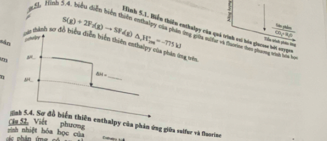 5L Hình 5
Sân phầm
Hình 5.1. Biến thiên enthalpy của quá trình oxi hóa giucose bởi oxygen
CO_2+H_2O
sân
Tiền trình phân ứng
loàn thành sơ đồ biểu diễn biến thiên enthalpy của phản ứng trên
tng giữữa sulfur và fluorine theo phương trình hóa học
m 
η
Câu 52. Viết
Hình 5.4. Sơ đồ biến thiên enthalpy của phản ứng giữa sulfur và fluorine
phương
trình nhiệt hóa học của Erthalpy
các phản ứng