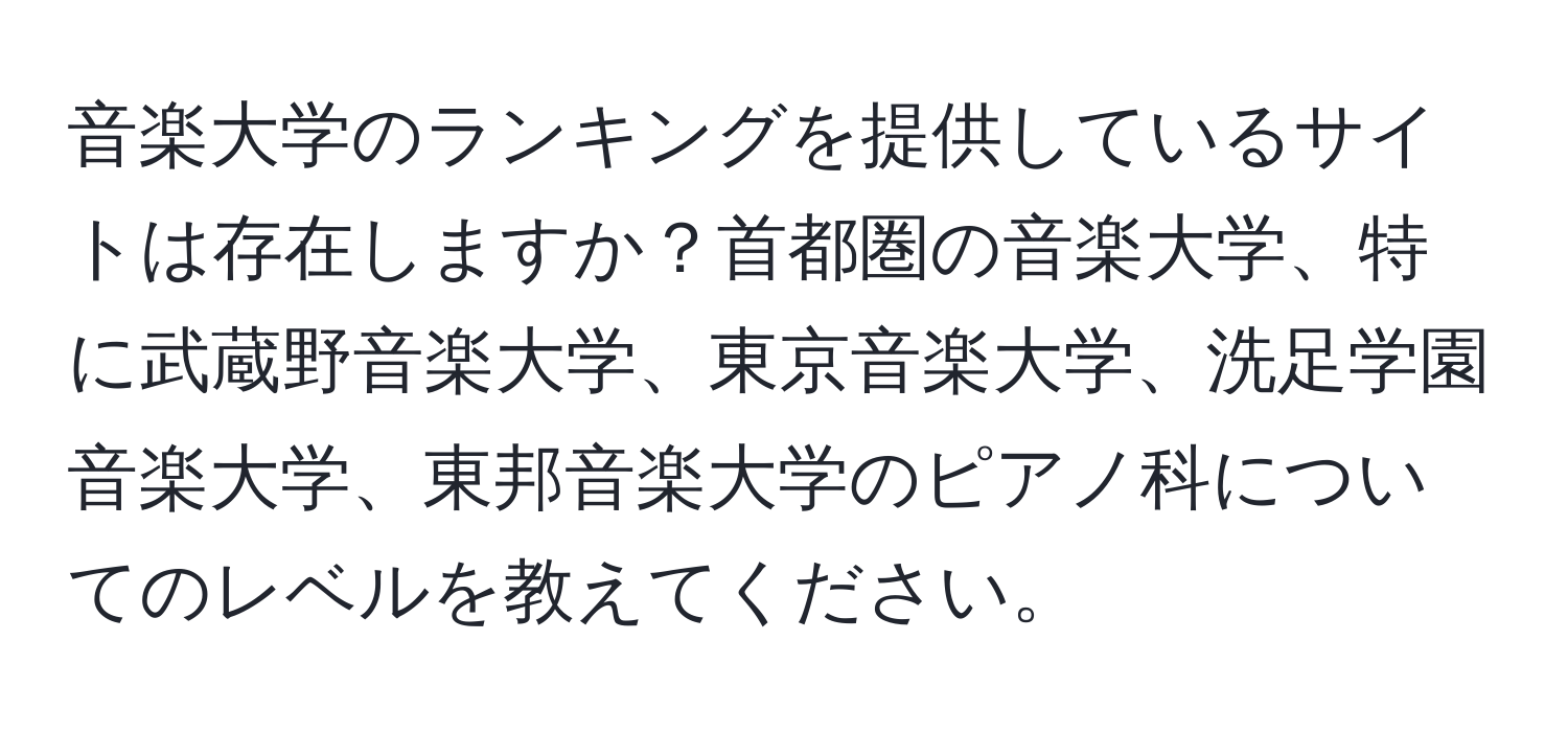 音楽大学のランキングを提供しているサイトは存在しますか？首都圏の音楽大学、特に武蔵野音楽大学、東京音楽大学、洗足学園音楽大学、東邦音楽大学のピアノ科についてのレベルを教えてください。