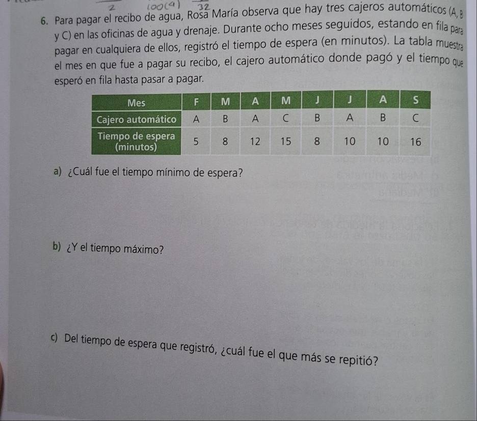 Para pagar el recibo de agua, Roša María observa que hay tres cajeros automáticos (A, B 
y C) en las oficinas de agua y drenaje. Durante ocho meses seguidos, estando en fila para 
pagar en cualquiera de ellos, registró el tiempo de espera (en minutos). La tabla muestra 
el mes en que fue a pagar su recibo, el cajero automático donde pagó y el tiempo que 
esperó en fila hasta pasar a pagar. 
a) ¿Cuál fue el tiempo mínimo de espera? 
b) ¿Y el tiempo máximo? 
c) Del tiempo de espera que registró, ¿cuál fue el que más se repitió?