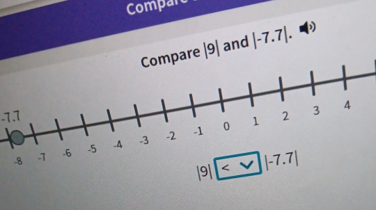 Compare
and |-7.7|. M>
-7.7
|9|    |-7.7|