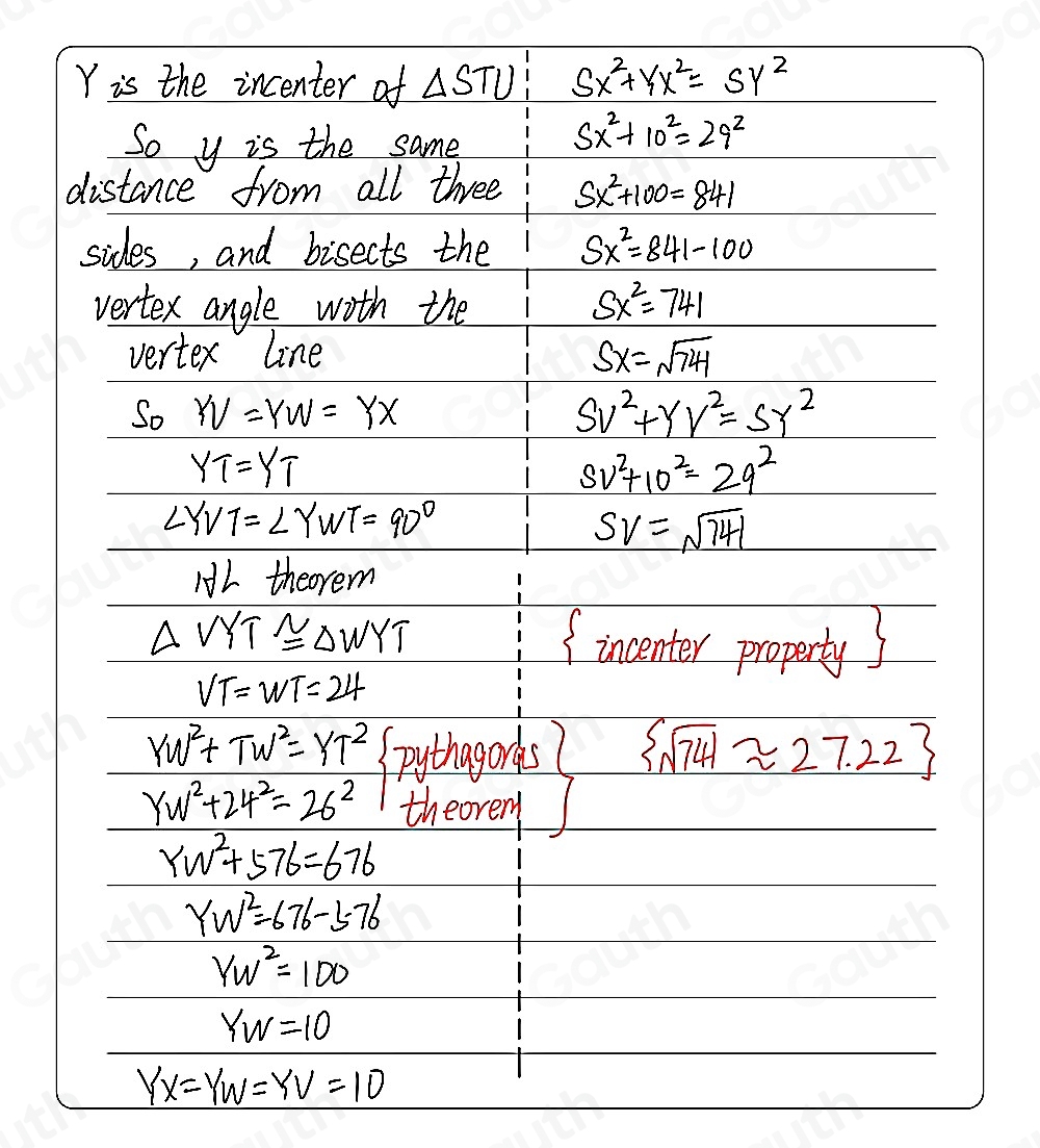 Solved: If Y is the incenter of STU , find each measure. *Use ...