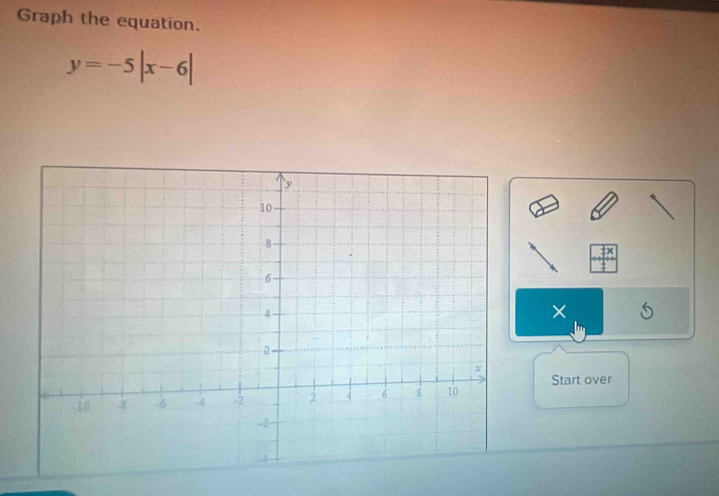 Graph the equation.
y=-5|x-6|
× 
Start over