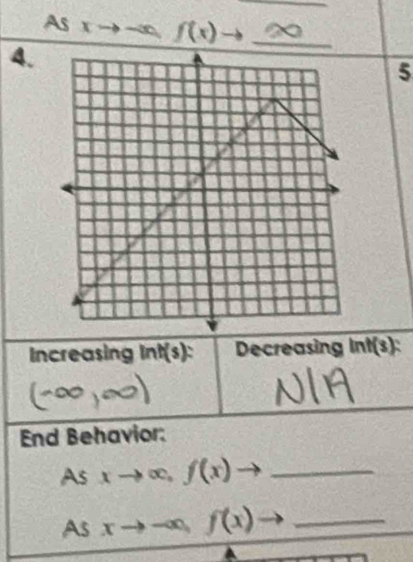 As xto -∈fty f(x)to _ 
4. 
5 
Increasing int(s) : Decreasing inf(s) : 
End Behavior: 
As xto ∈fty , f(x)to _ 
As xto -∈fty , f(x)to _