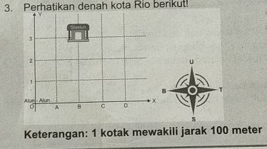 Perhatikan denah kota Rio berikut!
3
2
11
1
B T
Alun - Alun
A B C D x
s
Keterangan: 1 kotak mewakili jarak 100 meter