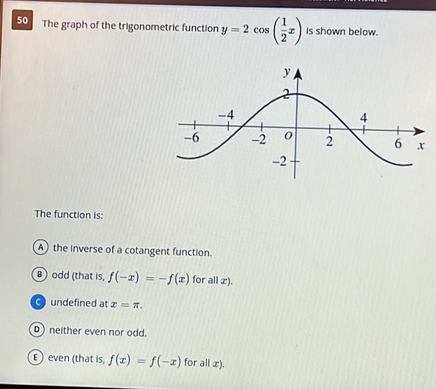 Solved: The graph of the trigonometric function y=2cos ( 1/2 x) Is ...