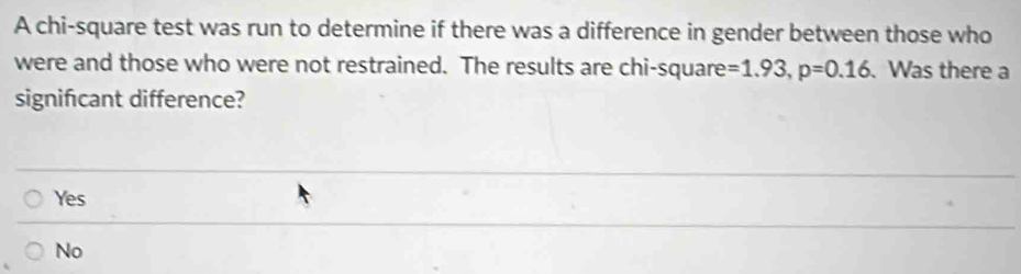 A chi-square test was run to determine if there was a difference in gender between those who
were and those who were not restrained. The results are chi-square =1.93, p=0.16. Was there a
significant difference?
Yes
No