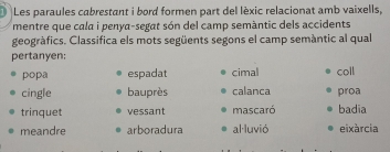 Les paraules cabrestant i bord formen part del lèxic relacionat amb vaixells, 
mentre que cala i penya-segat són del camp semàntic dels accidents 
geogràfics. Classifica els mots següents segons el camp semántic al qual 
pertanyen; 
popa espadat cimal coll 
cingle bauprès calanca proa 
trinquet vessant mascaró badia 
meandre arboradura al luvió eixárcia