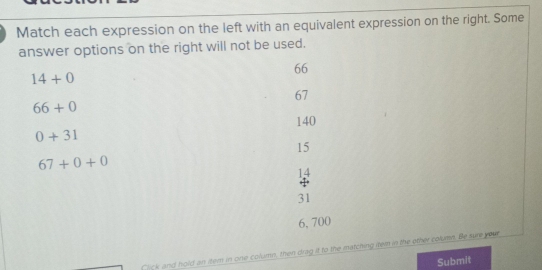 Match each expression on the left with an equivalent expression on the right. Some
answer options on the right will not be used.
66
14+0
67
66+0
140
0+31
15
67+0+0
14
+
31
6, 700
Click and hold an item in one column, then drag it to the matching item in the other column. Be sure your
Submit