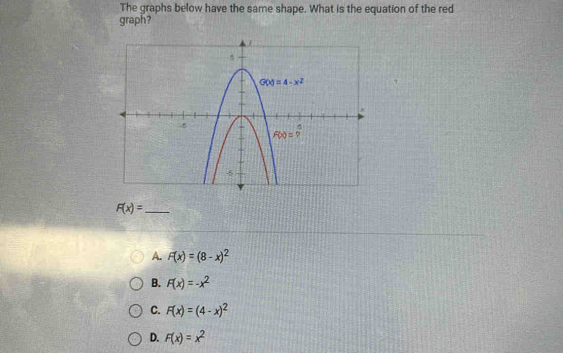 The graphs below have the same shape. What is the equation of the red
graph?
_ F(x)=
A. F(x)=(8-x)^2
B. F(x)=-x^2
C. F(x)=(4-x)^2
D. F(x)=x^2