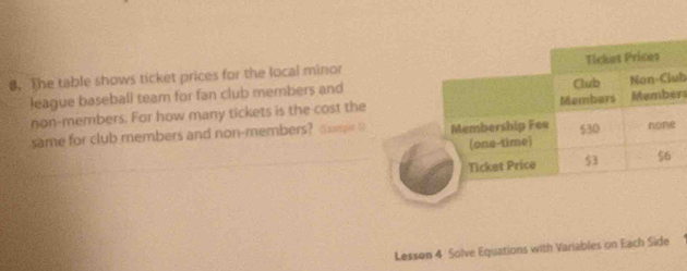 The table shows ticket prices for the local minor 
league baseball team for fan club members andub 
non-members. For how many tickets is the cost thers 
same for club members and non-members? mome 
Lesson 4 Solve Equations with Variables on Each Side