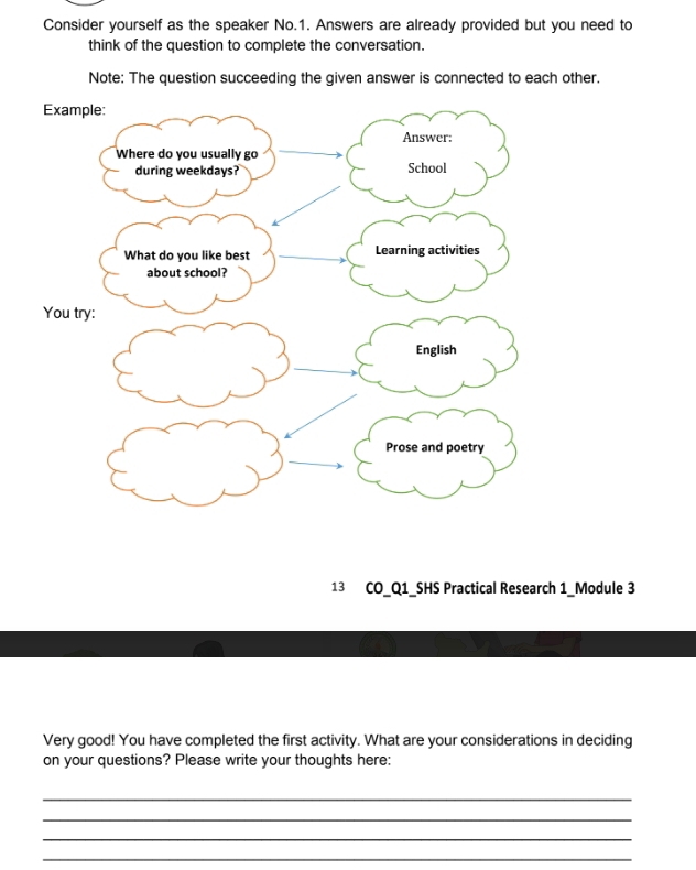 Consider yourself as the speaker No.1. Answers are already provided but you need to 
think of the question to complete the conversation. 
Note: The question succeeding the given answer is connected to each other. 
13 CO_Q1_SHS Practical Research 1_Module 3 
Very good! You have completed the first activity. What are your considerations in deciding 
on your questions? Please write your thoughts here: 
_ 
_ 
_ 
_