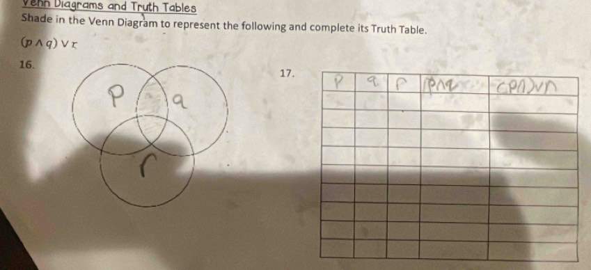 Venn Diagrams and Truth Tables 
Shade in the Venn Diagram to represent the following and complete its Truth Table.
(pwedge q)vee r
16. 
17.