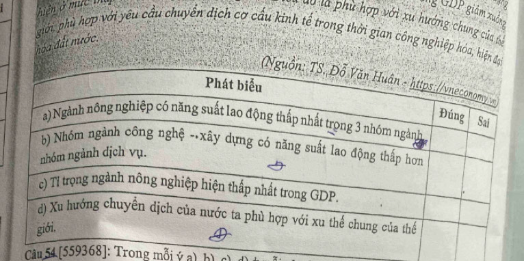 ng 
g GDP giảm xuống 
o la phù hợp với xu hướng chung của thị 
hóa đất nước. giới, phù hợp với yêu cầu chuyển dịch cơ cấu kinh tế trong thời gian công nghiệp hóa, hiện đạ 
Câu 54 [ 559368 ]: Trong mỗi ý a) b)