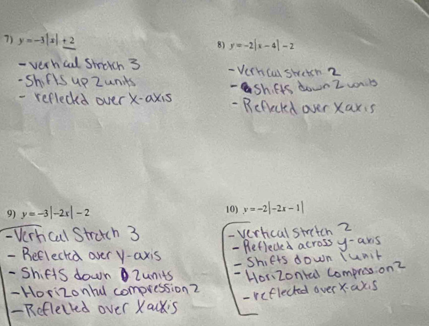 y=-3|x|+2
8) y=-2|x-4|-2
9) y=-3|-2x|-2 10) y=-2|-2x-1|