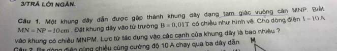 3/TRẢ LỜI NGÁN. 
Câu 1. Một khung dây dẫn được gập thành khung dây dạng tam giác vuông cân MNP. Biết
MN=NP=10cm. Đặt khung dây vào từ trường B=0,01T có chiều như hình vẽ. Cho dòng điện I=10A
vào khung có chiều MNPM. Lực từ tác dụng vào các cạnh của khung dây là bao nhiêu ? 
Gâu ? Ba động điện cùng chiều cùng cường độ 10 A chạy qua ba dây dẫn