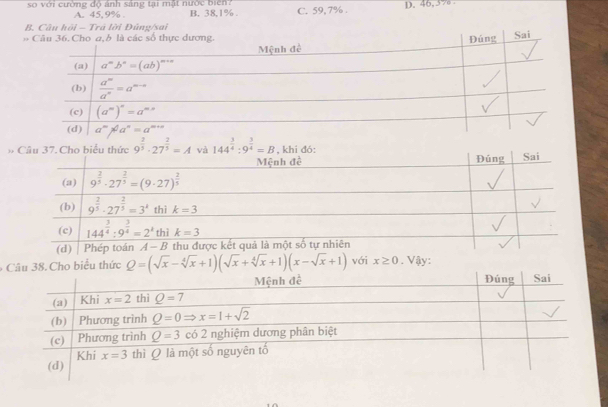 so với cường độ ánh sáng tại mặt nước biển? B. 38,1% . C. 59.7% D. 46,37 
A. 45, 9% .
B. Câu hồi - Trá lời Đùng/sai
ểu thức Q=(sqrt(x)-sqrt[4](x)+1)(sqrt(x)+sqrt[4](x)+1)(x-sqrt(x)+1) với x≥ 0. Vậy: