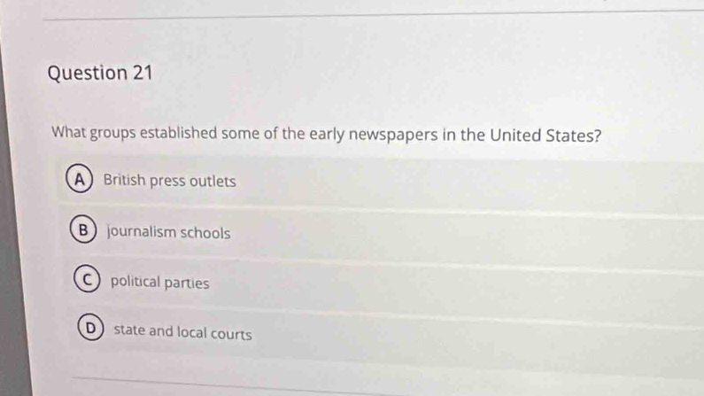 What groups established some of the early newspapers in the United States?
A British press outlets
B journalism schools
political parties
Dstate and local courts