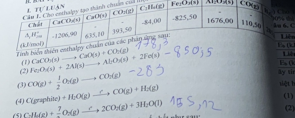 BA
của II
Al_2O_3(s) l
ì
C
n
J
(1) Eb (k
(2) Fe_2O_3(s)+2Al(s)to Al_2O_3(s)+2Fe(s) CaCO_3(s)to CaO(s)+CO_2(g)
ê
ãy tín
(3) CO(g)+ 1/2 O_2(g)to CO_2(g) iệth
(4) C(grap hite) +H_2O(g)to COCO(g)+H_2(g)
(1)
(5) C_2H_6(g)+ 7/2 O_2(g)xrightarrow 2CO_2(g)+3H_2O(l)
(2)