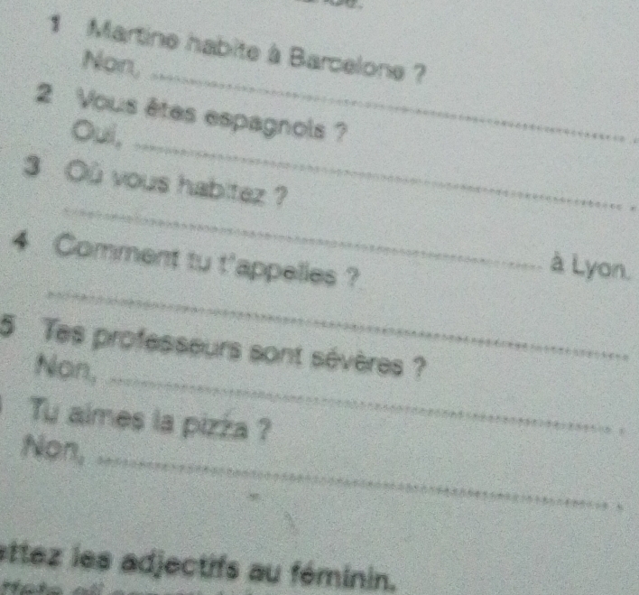 Martine habite à Barcelone ? 
Non, 
_ 
2 Vous êtes espagnols ? 
Oui, 
_ 
_ 
3 Ou vous habitez ? 
_ 
4 Comment tu t'appelles ? 
à Lyon. 
5 Tes professeurs sont sévères ? 
Non,_ 
Tu almes la pizza ? 
_ 
Non, 
_ 
ettez les adjectifs au féminin.