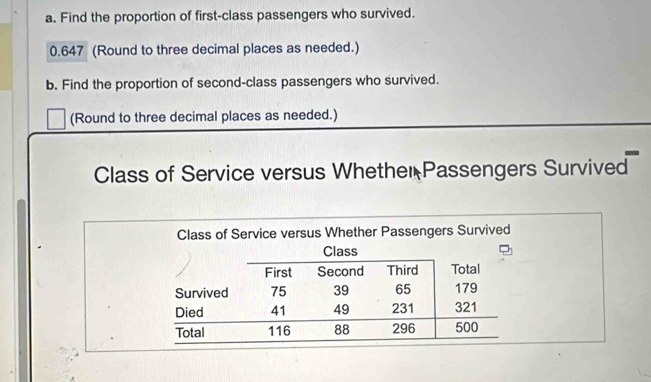 Find the proportion of first-class passengers who survived.
0.647 (Round to three decimal places as needed.) 
b. Find the proportion of second-class passengers who survived. 
(Round to three decimal places as needed.) 
Class of Service versus Whether Passengers Survived 
Class of Service versus Whether Passengers Survived