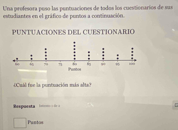 Una profesora puso las puntuaciones de todos los cuestionarios de sus 
estudiantes en el gráfico de puntos a continuación. 
¿Cuál fue la puntuación más alta? 
Respuesta Intento 1 de 2
□ Puntos