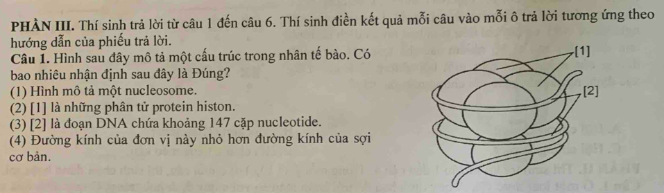 PHÀN III. Thí sinh trả lời từ câu 1 đến câu 6. Thí sinh điền kết quả mỗi câu vào mỗi ô trả lời tương ứng theo
hướng dẫn của phiếu trả lời.
Câu 1. Hình sau đây mô tả một cấu trúc trong nhân tế bào. Có
bao nhiêu nhận định sau đây là Đúng?
(1) Hình mô tả một nucleosome.
(2) [1] là những phân tử protein histon.
(3) [2] là đoạn DNA chứa khoảng 147 cặp nucleotide.
(4) Đường kính của đơn vị này nhỏ hơn đường kính của sợi
cơ bản.