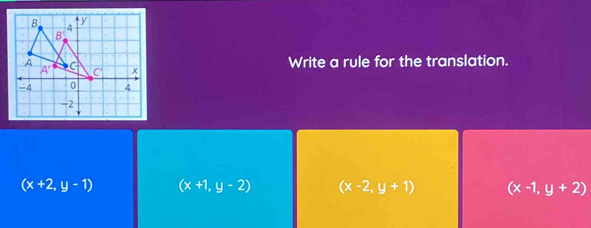 Write a rule for the translation.
(x+2,y-1) (x+1,y-2) (x-2,y+1) (x-1,y+2)