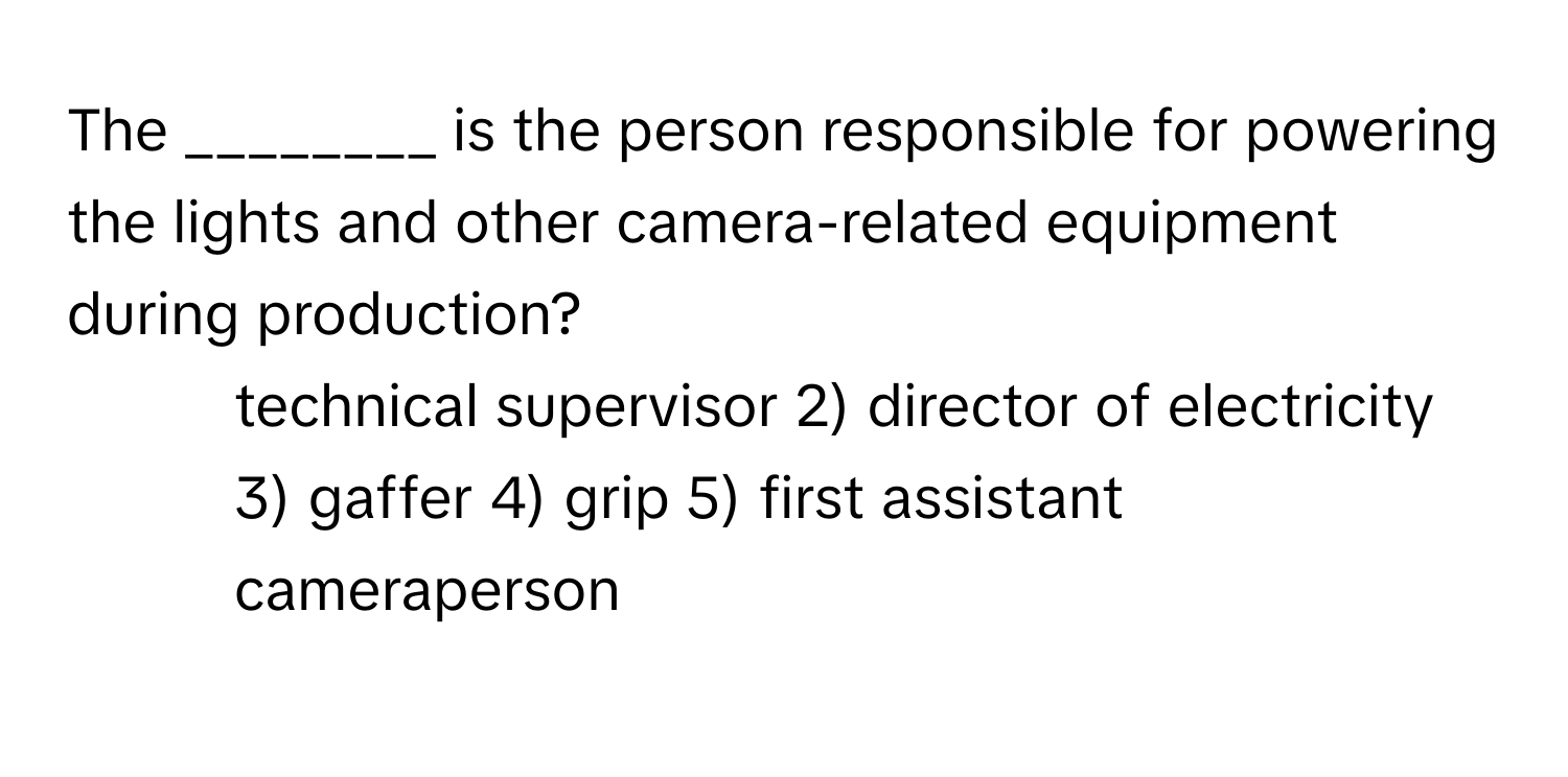 The ________ is the person responsible for powering the lights and other camera-related equipment during production?

1) technical supervisor 2) director of electricity 3) gaffer 4) grip 5) first assistant cameraperson